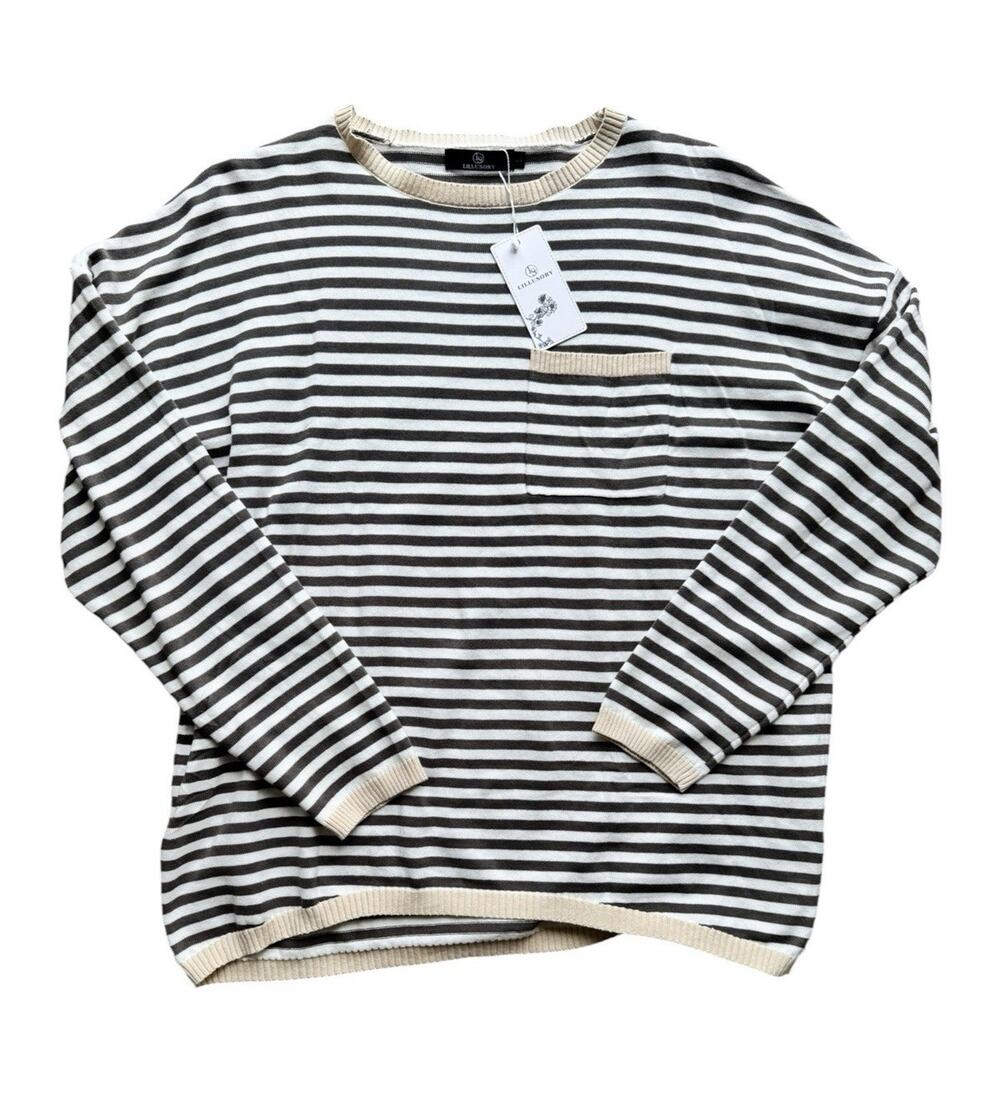 Lillusory women’s Striped Knit Crewneck Pullover Sweater Pocket Long Sleeve L